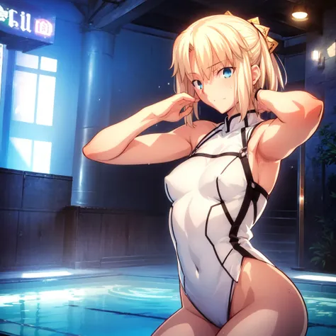 High resolution, 最high resolution,high resolution,{Things to know_f de stay night ufotable:1.15}, Rubio_ Best Quality, masterpiece, フルnude,Sweatだく,Blushing,smile,Armpitアップ,Sweat,Armpitを広げて見せている,bed,Moist,Blonde,whole body,pubic hairあり,Love juice,Armpit,sid...