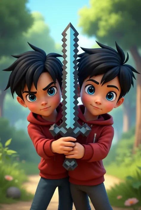 Hair : Black 
Eyes: blue 
Oufit: Red  jacket or hoodie 
Pose: holding Minecraft sword
Animated  2 boy in one frame looking right now side pose
Background: nature 