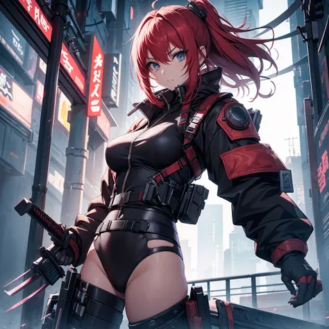 A warrior anime girl wear cyberpunk suit carry katana in hand fight with demon 