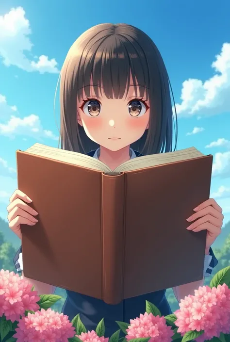 An European high school student is standing behind a big book and she is looking at us, the sky is blue and there are pink flowers on the floor 