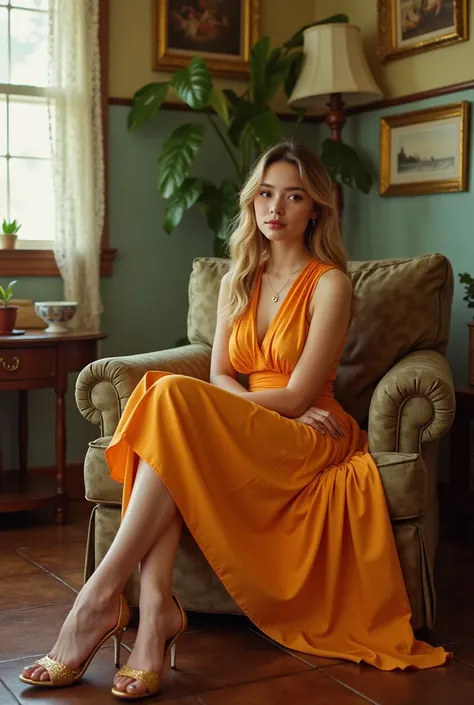 girl in her 20s sitting on chair, wearing summer dress, 1980s vibe, kodak porta 400, wearing high heels