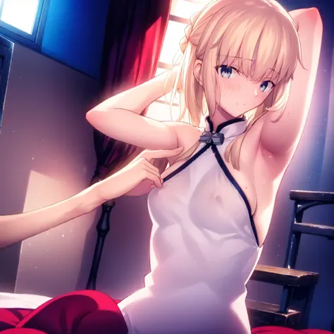 High resolution, 最high resolution,high resolution,{Things to know_f de stay night ufotable:1.15}, Rubio_ Best Quality, masterpiece, フルnude,Sweatだく,Blushing,smile,Armpitアップ,Sweat,Armpitを広げて見せている,bed,Moist,Blonde,whole body,pubic hairあり,Love juice,Armpit,sid...