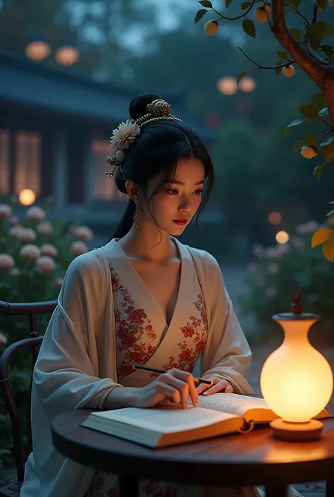 a beautiful elegant woman in traditional chinese dress, sitting at a low table in a tranquil night garden surrounded by ancient walls, reading an ancient chinese book by the light of a lamp on the table, her right hand holding a pen, her left hand resting ...