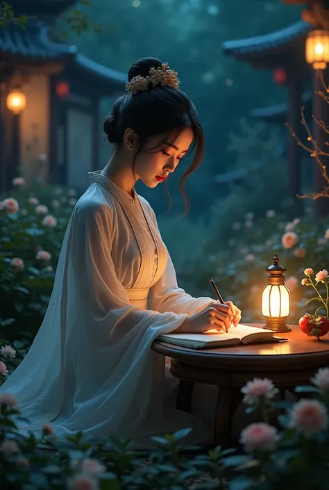 a beautiful elegant woman in traditional chinese dress, sitting at a low table in a tranquil night garden surrounded by ancient walls, reading an ancient chinese book by the light of a lamp on the table, her right hand holding a pen, her left hand resting ...