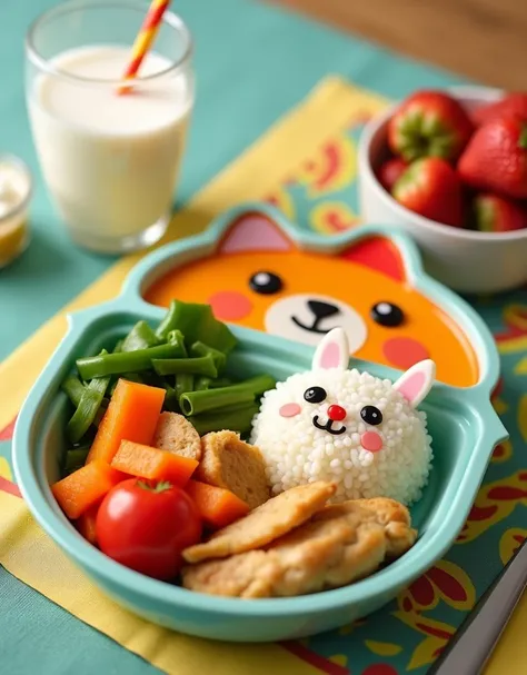 Tempting dining scene。Imagine a colorful plate，Shaped like a cute animal，It&#39;s packed with nutritionally balanced food。1 serving of steamed vegetables、A small portion of chicken and a portion of rice，Rice decorated to look like a friendly animal。There i...