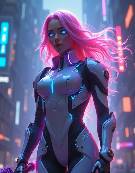 original universe（Virtual digital world）Famous people in。They are known for their brightly colored hair and shiny white eyes.。They often wear digital futuristic armor，The armor flashes in various subtle neon colors。Their signature weapon is the shining tri...