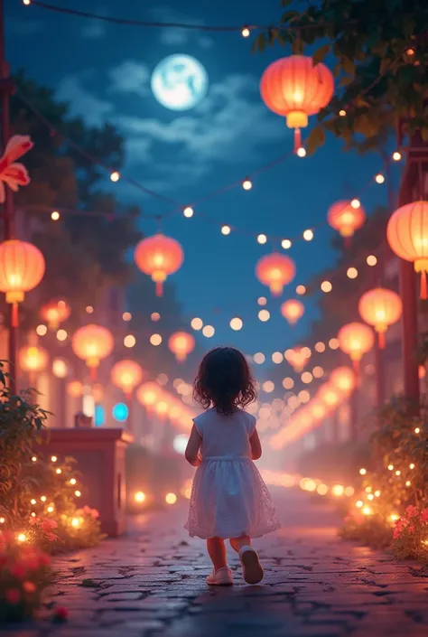 On a Mid-Autumn Festival night, a 2 Vietnamese girl, dressed in a delicate white gown, explores the lively Lương Nhữ Học street in Ho Chi Minh City. The scene is beautifully illuminated by a variety of colorful lanterns, including stars, koi fish, and rabb...