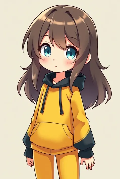 The cartoon-style yellow outfit is covered with a black hoodie、I&#39;d like her eyes to be light blue and have a slightly cute appearance, but with an adult-like height.