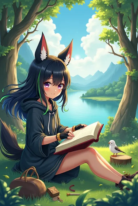 masterpiece, best quality,, 1 Girl, sit, animal, animal ears, bird, Black_hair, Book, Bookmark, Branches, Gloves, Grass, green hair, Keep, Keep Book, hood, hood down, leaf, Looking at the audience, multicolored hair, oPen_Book, partially fingerless Gloves,...