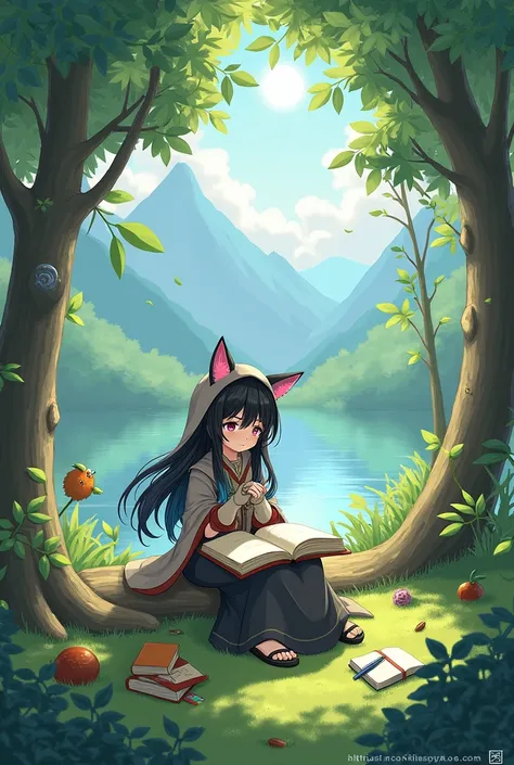 masterpiece, best quality,, 1 Girl, sit, animal, animal ears, bird, Black_hair, Book, Bookmark, Branches, Gloves, Grass, green hair, Keep, Keep Book, hood, hood down, leaf, Looking at the audience, multicolored hair, oPen_Book, partially fingerless Gloves,...