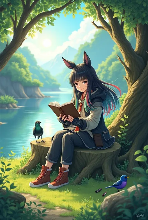 masterpiece, best quality,, 1 Girl, sit, animal, animal ears, bird, Black_hair, Book, Bookmark, Branches, Gloves, Grass, green hair, Keep, Keep Book, hood, hood down, leaf, Looking at the audience, multicolored hair, oPen_Book, partially fingerless Gloves,...