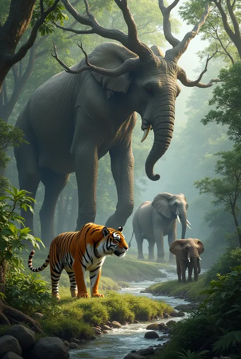 The A giant branch herd encountered a tiger and then encountered several elephants.