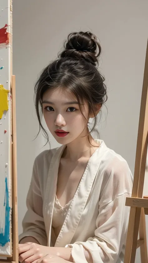 A beautiful young Asian woman with her hair in a loose bun is sitting on a white cloth covered in splashes of paint. She is wearing delicate white lingerie and has small playful paint stains on her skin. She stares confidently at the viewer while holding a...