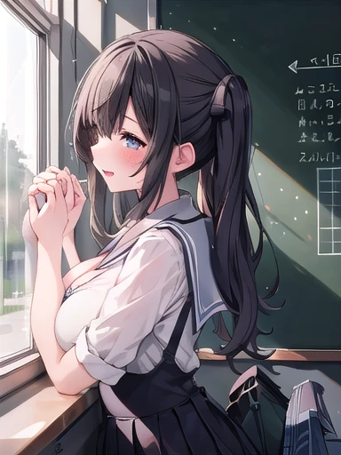 One girl, School of Happy Tears, blackboard, window, sunlight,Large Breasts
