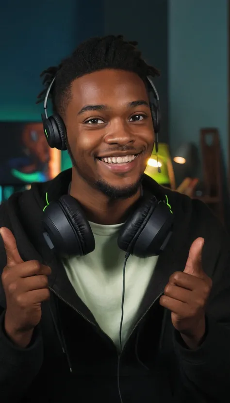 there is a young man smiling at the camera excitedly, black man with medium length hair, short beard on the sides and large beard on the front of the face, animated film, gamer room illustration in background image, illustration of headphones around the ne...