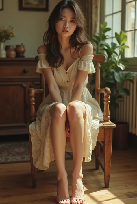 girl in her 20s sitting on wooden chair, wearing summer dress, 1980s vibe, vintage vibe, wearing high heels, front view, faded photo, vintage house