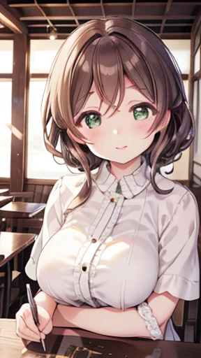 nozomitoujou, Nozomi-san always, Green Eyes, Brown Hair, Short Curly Hair, masterpiece, Highest quality, High resolution, Beautiful attention to detail, Highly detailed face, Good lighting, Detailed CG, Messy Hair, Glossy Lips, crowd, A light smile, dress,...