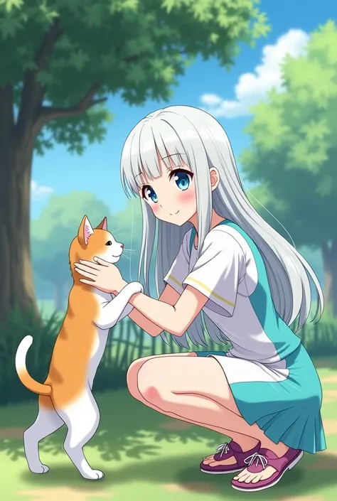 An long half ponytail white-haired, ice-blue-eyed, pale-skinned anime ladies in a casual white-cyan dress is squatting down While smile sweetly looking and lifting up high the cat, the cat is a mix of white, orange and gray. In the park, under a shady tree...