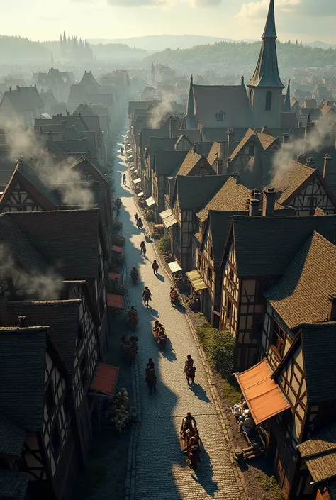 An areal view of a city of sweden in mediaeval era with houses and horse carts on street and smoke flying in air 