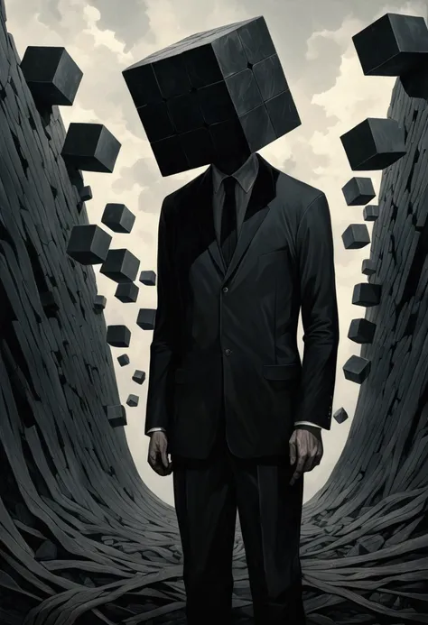 Faceless Man,(((Cube head)))，Cube Anthropomorphism，bend over，Tired， Alessio Albi, Abstract Surrealism, Faceless Man dark, Unsettling horror limbo, crap，Construction team on the head