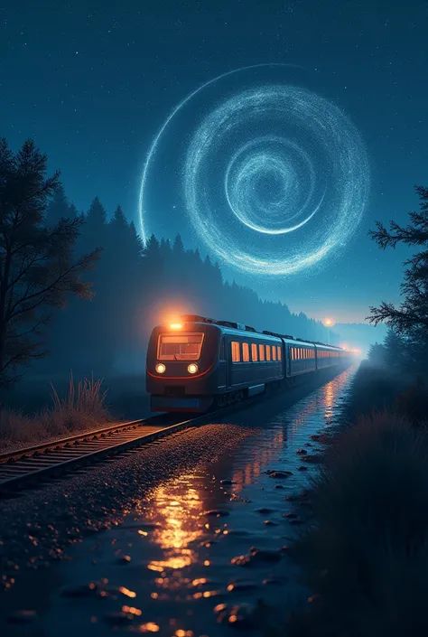 Absurd, High resolution, Super detailed, beautiful, masterpiece, Highest quality、reflection、Realな質感、Realistic、Real、Realistic、Blur、train、Running along the tracks、spiral line、Night Sky、Light、Starry Sky、