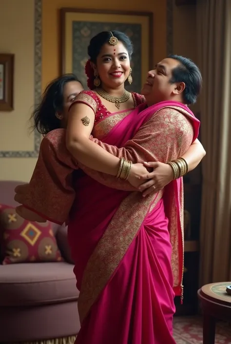 Beautiful indian woman in dark pink saree  lifting up a large chubby man in her arms in a room, full body view 