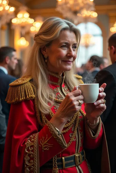 Blonde woman age 60,drinks coffee, trader ,dressed as a toastmaster at a wedding in the uniform of the Ural Cossacks