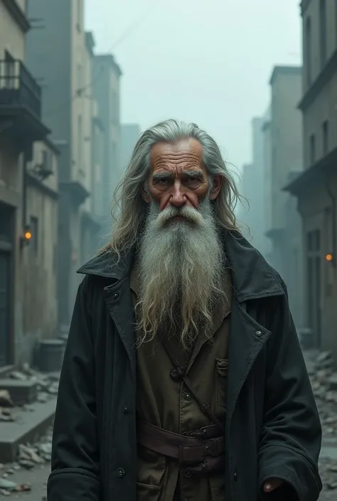 The old man has to have a long beard and look very wise., the most desolate and gray city