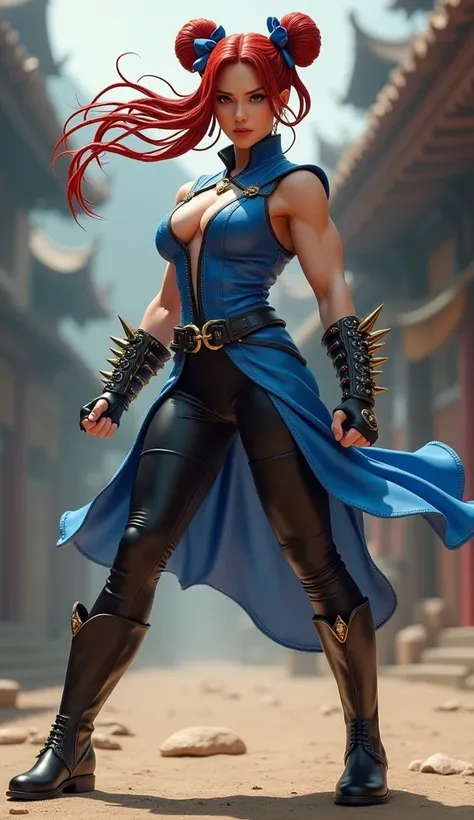 Black Widow, transformed into Chun-Li, stands poised in a dynamic fighting stance, her expression fierce and focused. Dressed in Chun-Lis iconic blue qipao and spiked bracelets, she embodies both elegance and power. Her muscular legs, a blur of motion, are...