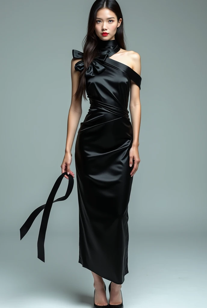 masterpiece, Best Quality, hyper Realistic, A mysterious and sophisticated beautiful young gravure Japanese woman with blue eyes wears futuristic and sexy fashion art. Create an image of a sophisticated black dress designed for a formal setting. The dress ...