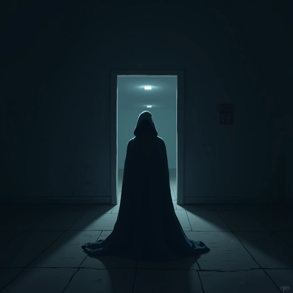 a shadowy figure, shaped like a man, remains motionless like a statue in front of a door. Lighting is scarce, only a few flickering lights at the end of the hallway cast a faint, uneven glow, making the scene even more disturbing. cel shadow, although iner...