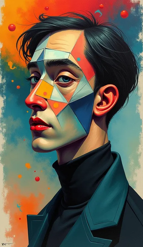  "An abstract illustration of a man with a fragmented, cubist face, inspired by Picasso. His face is divided into sharp, geometric shapes, with contrasting colors and exaggerated features. The scene is dreamlike, with vibrant, swirling colors reminiscent o...