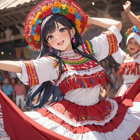 ((Highest quality)), ((masterpiece)), (detailed), （Perfect Face）、The woman is Reika Aoki with semi-long hair、A woman is dancing in Guelaguetza in Mexico, wearing a Guelaguetza costume, with a Mexican woman&#39;s hairstyle