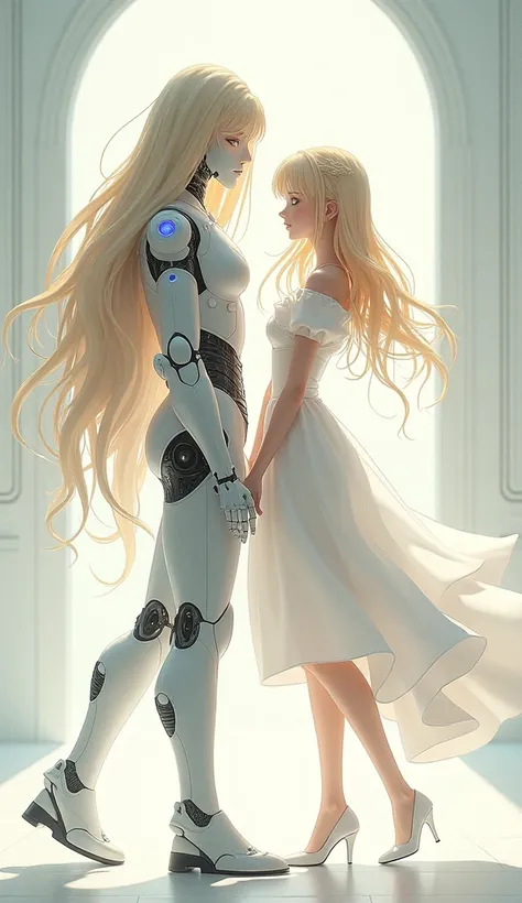 Anime Girls, White Dress, White high heels, Pretty face, Full Height, With her long-haired blonde robot boyfriend