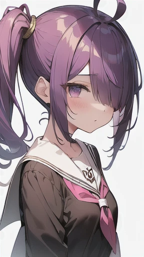 (skinny,make up,tanlines,Wheat skin),(side ponytail,ahoge,One eye is covered by hair,purple hair,Pink Mesh),(Sailor school uniform)