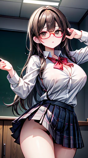 ((High resolution)), ((Lighting and color)), ((masterpiece)), ((Brown eyes)), A beautiful young woman with the following characteristics:: length, Flowing black hair, Striking blue eyes, Wearing glasses with narrow frames that accentuate the gaze. She is w...