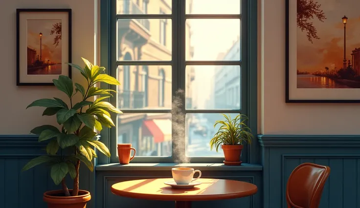 Interior scene of a warm and cozy cafe。In the center of the picture is a small round table,There is a cup of hot coffee on the table,Exudes a charming fragrance under the gentle light。A leisurely and quiet atmosphere。You can vaguely see the city streets ou...