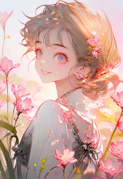 painting of a woman sitting in a field of tall grass, smile, happy, guweiz, beautiful anime portrait, artwork in the style of guweiz, guweiz on pixiv artstation, guweiz on artstation pixiv, beautiful anime artwork, anime art wallpaper 8 k, soft anime illus...