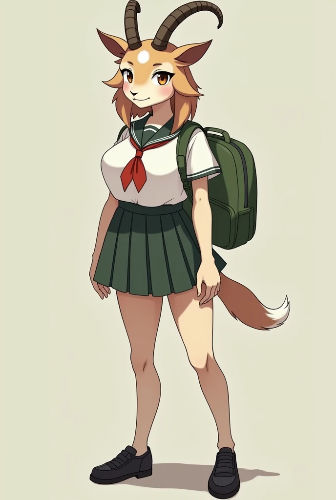 (furry) An anthropomorphic animal girl, a herbivorous goat species, tender, tall, voluminous breasts, medium-sized brown eyes, school uniform, age 1. Arms, legs and hands more human than animal and taller, and a small tail like a goat. standing with long, ...