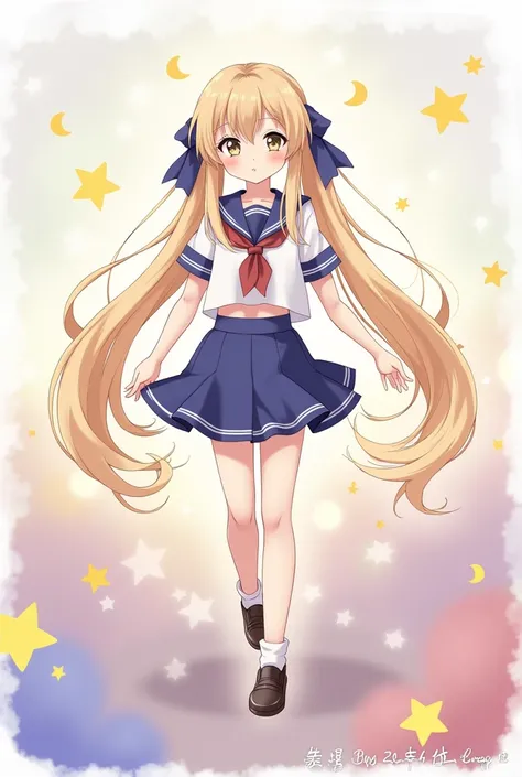 Sailor suit girl blonde, Very long twin tails, Crescent-shaped earrings, 