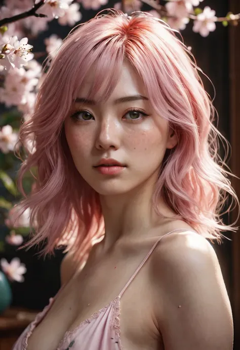 A woman, Japanese, sensual, she is an adult, light pink hair styled in a lob, (((a woman with light pink hair 1.7)))(((very beautiful))), perfect faces, she is surrounded by sakura flowers in her room, dark and cool palette, red dress that fits her body, g...