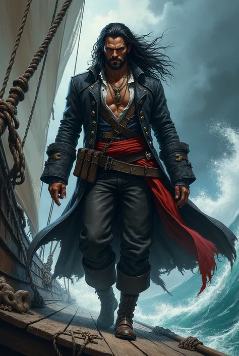 Create a drawing of a black-haired pirate