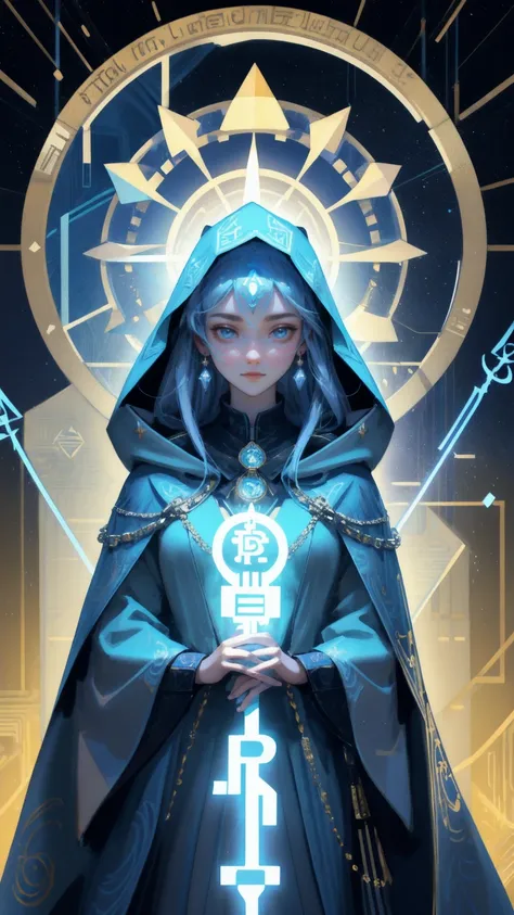 A captivating depiction of a beautiful girl dressed in a stylish blue cloak, layered with multiple chains bearing various crypto coins like Bitcoin and Ethereum. She holds a golden staff with a "HODL Faith" symbol at the top, surrounded by digital effects ...