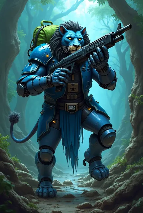 Lion king robotic shots dezine blue and black showing gun with green bag background rock forest at name Text and tag king