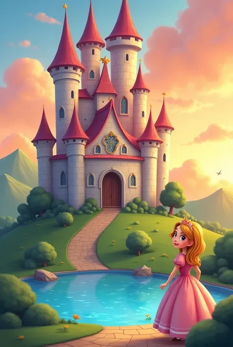 Create a picture of a fairytale castle for a princess as a cartoon character