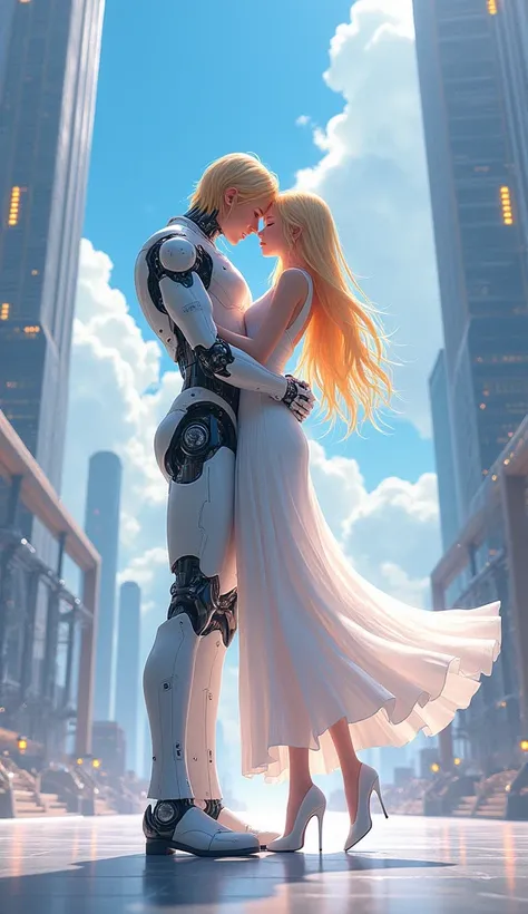 Anime Girls, White Dress, White high heels, Pretty face, Full Height, Hugging her long-haired blonde robot boyfriend、The background is a futuristic landscape