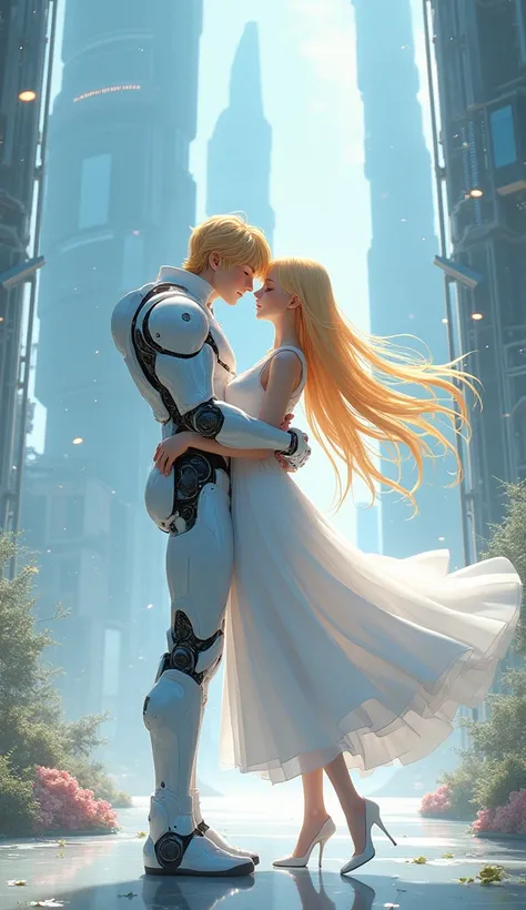 Anime Girls, White Dress, White high heels, Pretty face, Full Height, Hugging her long-haired blonde robot boyfriend、The background is a futuristic landscape