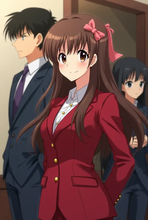 Anime girl with long brown hair, pink ribbon on her bangs, wearing a red formal suit, 1, standing next to Detective Conan 