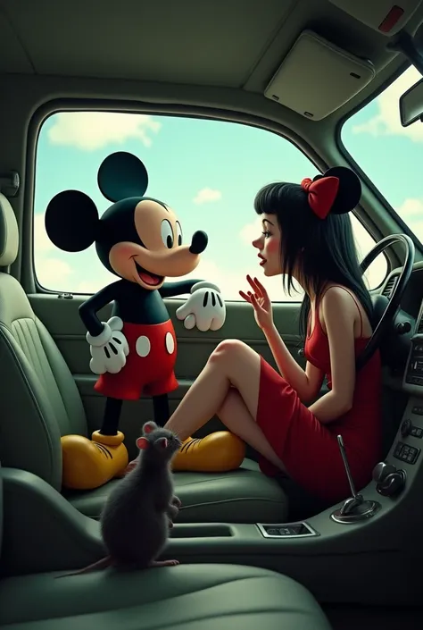 Mickey Mouse in the car talking to a call girl(the rat is outside the car)