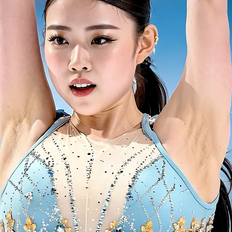 (masterpiece, best quality:1.2), 1girl, solo、Rika、ponytail、Cowboy Shot、Black Hair、Light blue outfit、Armpit、Bare forehead、macro shot of a beautiful figure skater Pirouette in an ice rink at night, leotard dress, zavy-cnmtc, atmospheric haze, dynamic angle, ...